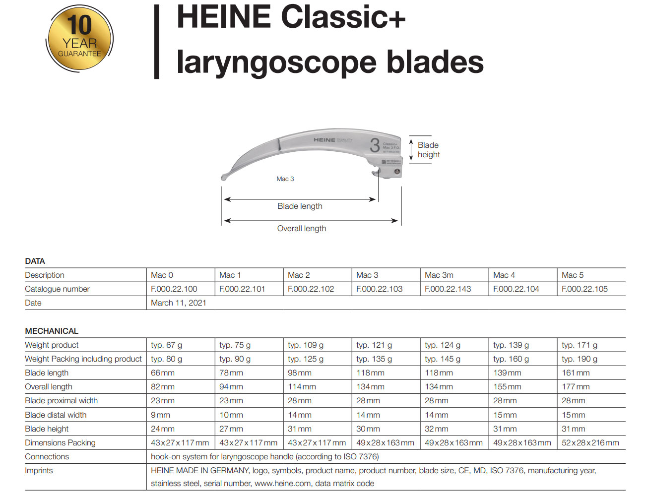 HEINE Classic+ Laryngoscope Blades Macintosh Product Data Sheet