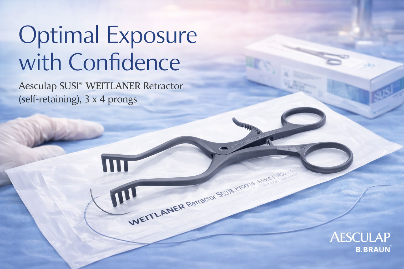 Aesculap SUSI Weitlaner wound retractor, 3 x 4 teeth, semi-sharp, 13 cm